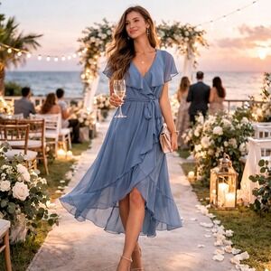 Show Me Your Mumu Women's Small Samantha Ruffle Faux Wrap Midi Dress Dusty Blue